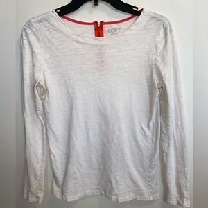 LOFT Cream Cotton Long Sleeve T Shirt with Coral Zip Back Size S